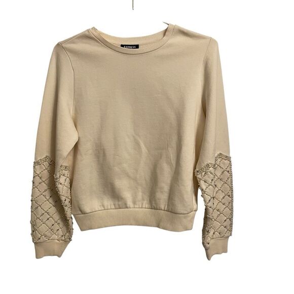 Express White Pearl Beaded Sleeve Sweatshirt Size XS NWT - Picture 1 of 6